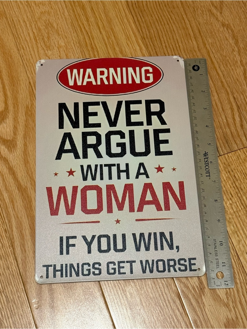Vintage-Style 'Never Argue With a Woman' Metal Wall Sign - Red & Black